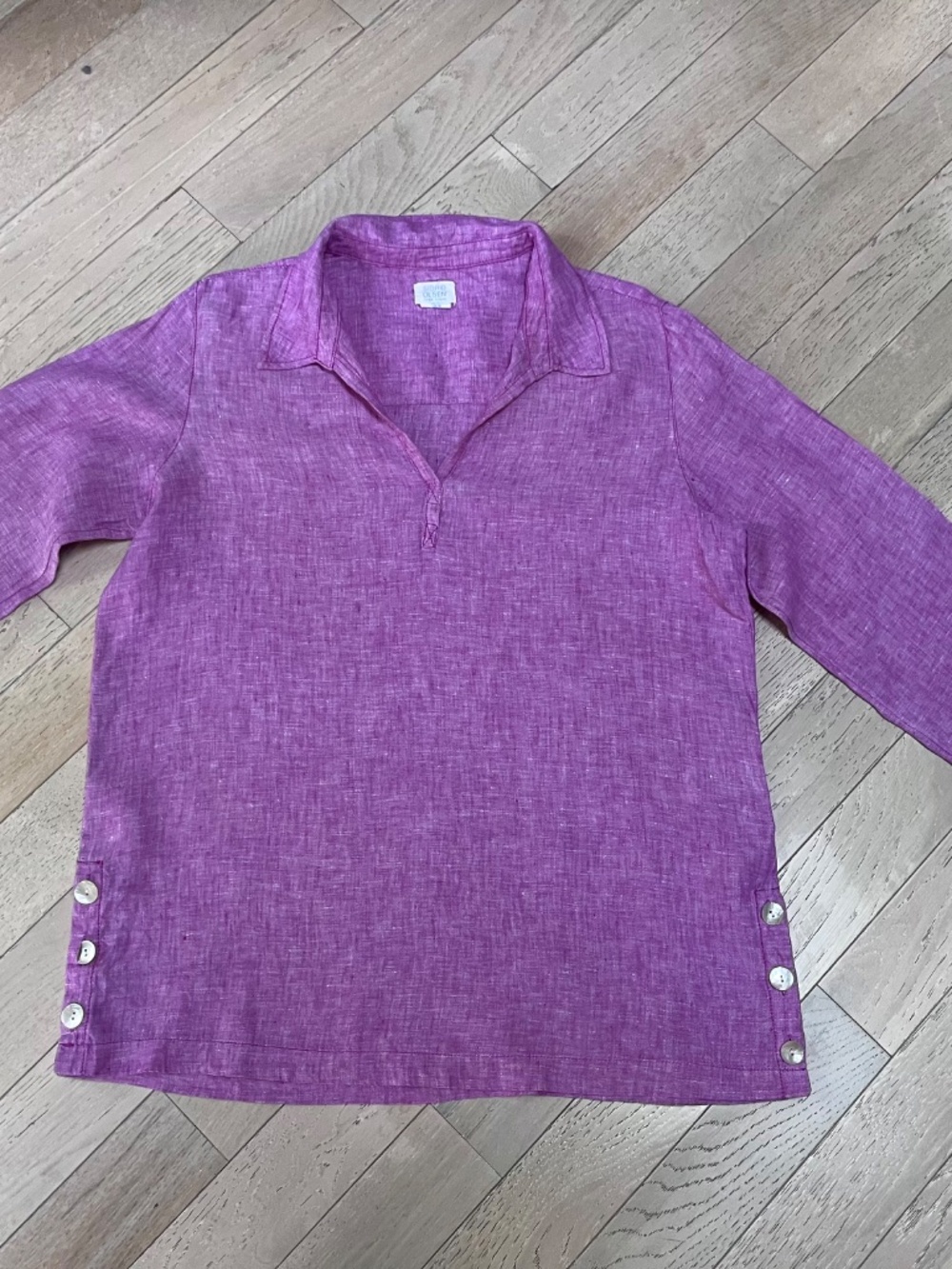 Sigrid Olsen 100% Linen Womens Blouse Pink Purple Sz M Side Buttons Collared